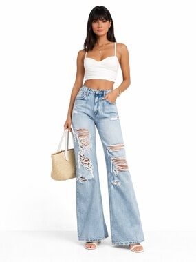SER.O.YA Wide Leg Flare Jeans | Light Wash Distressed Ripped Trendy Revolve 29/8